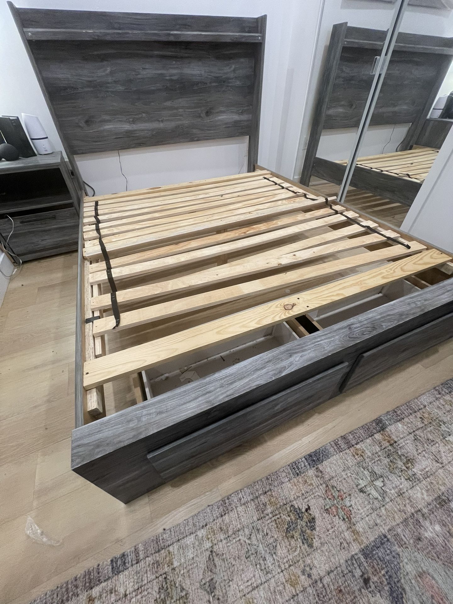 Grey Queen Bed Frame, Dresser, & Nightstand