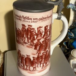 LARGE German Porcelain Beer Stein Mug  - Scene Painted of 17th Century Men 
