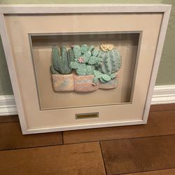3 d ceramic cactus in pots signed wall art in glass & wood shadow box. Southwest/ vintage / Bo Ho.