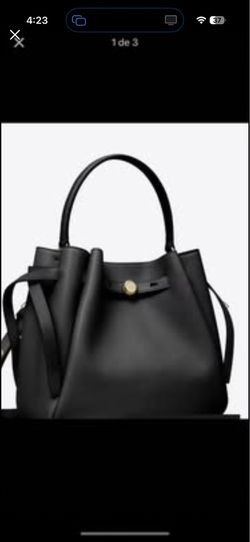 Tory Burch Pebbled Bucket Bag Tiramisu Gold Button Drawstring Shoulder