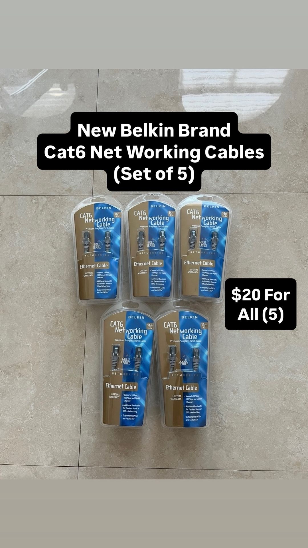 Brand New Belkin Brand Cat6 Net Working Cable (Set Of 5) Pickup Today Available