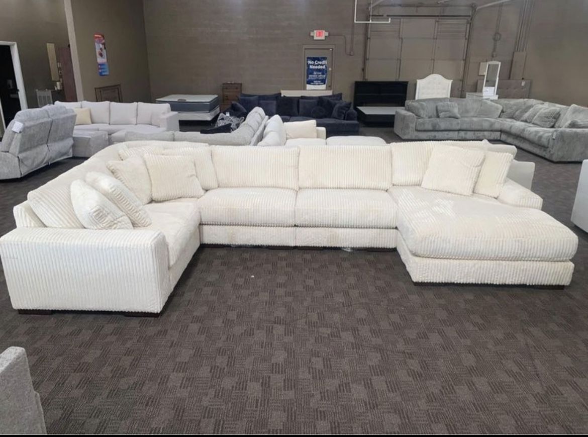 Cream White Corduroy Couch Sectional 