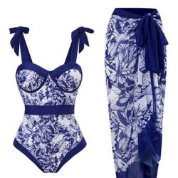 Blue Floral One-Piece & Skirt Cover-Up 