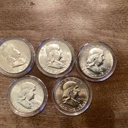 5  1963 Franklin Uncirculated Half Dollars     90% Silver