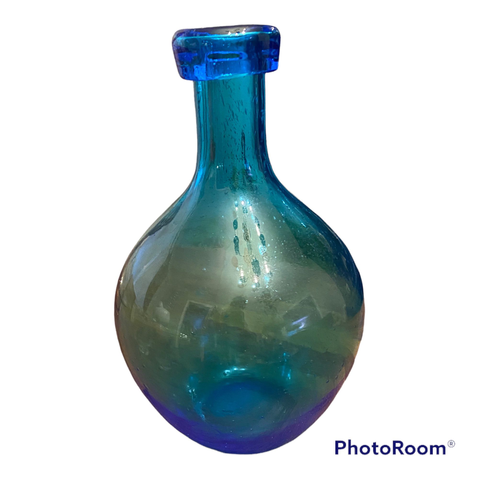 Vintage Recycled Blown Glass Bottle Vase Blue