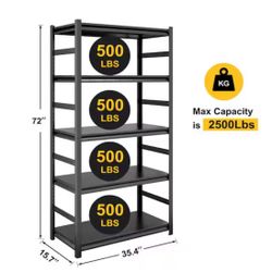 New Heavy-Duty Black 5-Tier Heavy-Duty Metal Solid Garage Storage Shelving (35.4 in. W x 72 in. H x 15.7 in. D)  New in box 5-shelf Steel Shelving at 