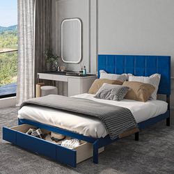 Upholstered Bed Frame, Platform Bed Frame with Storage Drawers, Queen Size