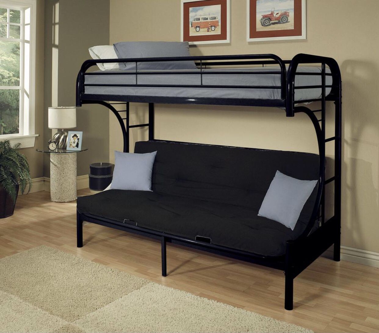 Contemporary Twin over Futon Convertible Couch and Bed with Metal Frame and ladders - Black