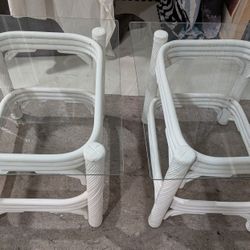 Pair Of Vintage Ficks Reed Style White Raton And Glass Side Tables.