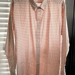 Footjoy Button-Down - Plaid Print - Lightweight Woven Dress Shirt - Peach/Blue