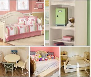 Ashley Cottage Retreat Twin Bedroom Set – Bed, Trundle, 2 Bookcases + Mattresses and table 4 chairs
