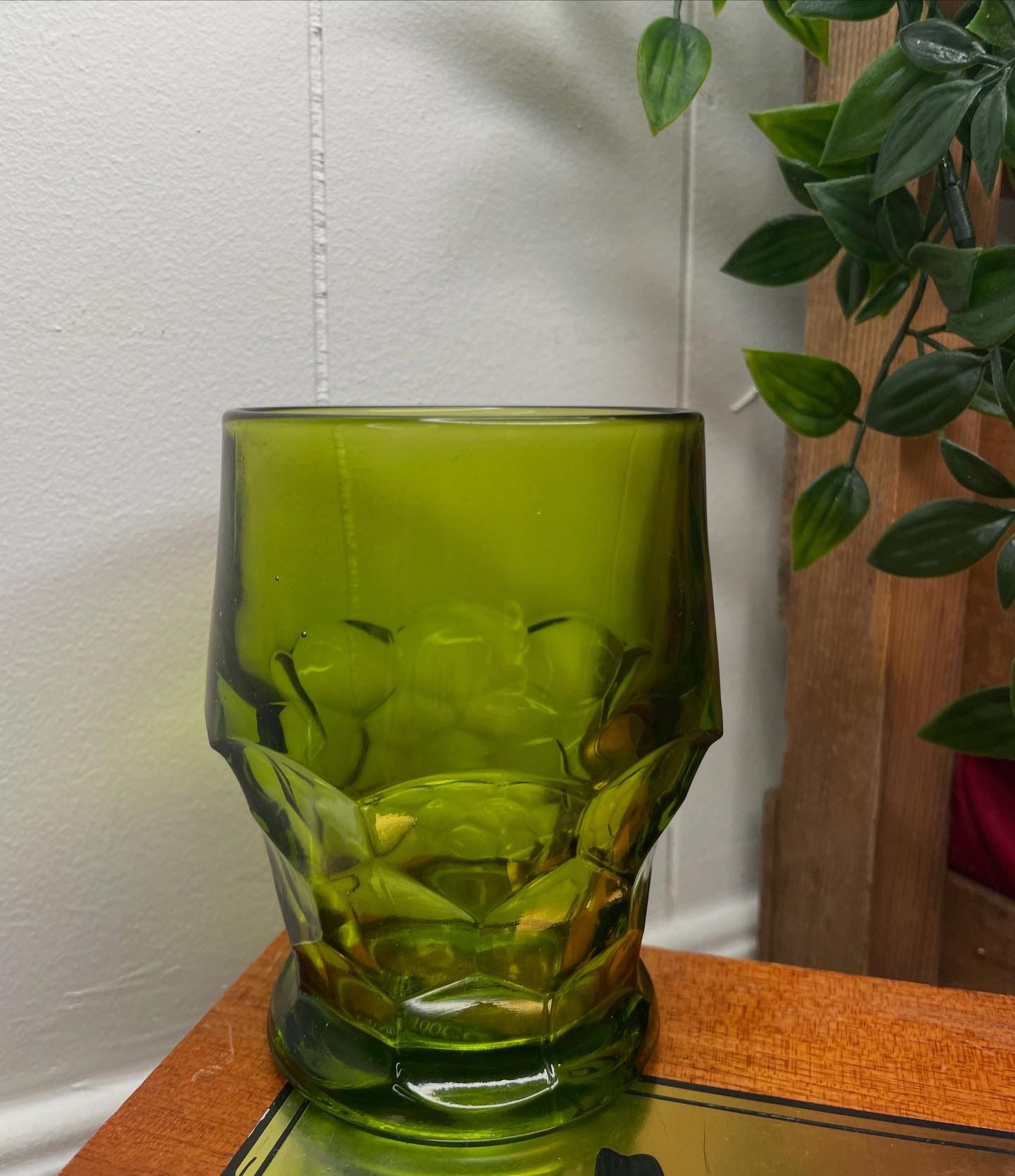 Vintage 1970s Anchor Hocking Avocado Green Juice Glass | Textured Mid-Century Tumbler