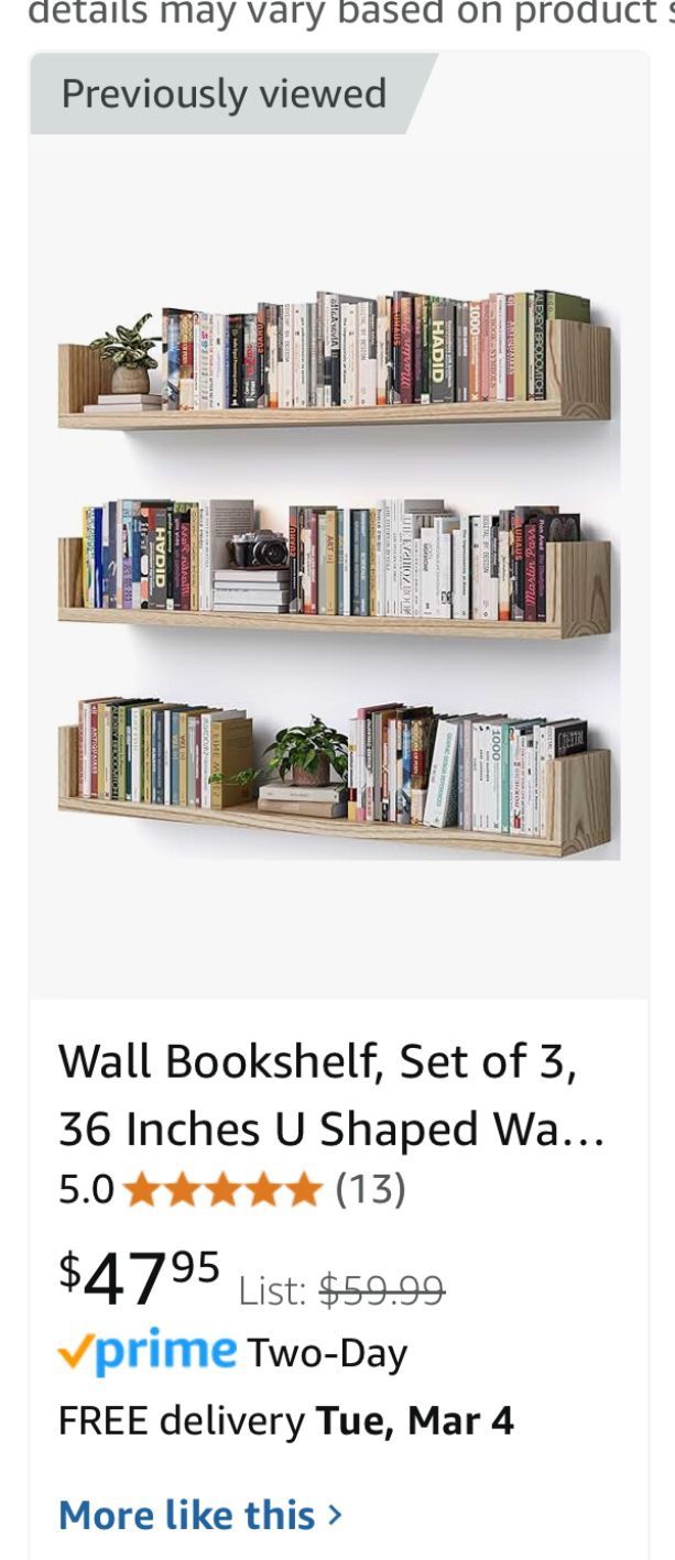 Wall Bookshelf, Set of 3, 36 Inches U Shaped Wall Shelves, Long Deep Floating Shelves for Wall, Large Floating Book Shelves - Wood Hanging Bookshelves