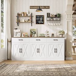 71"W Farmhouse Kitchen Sideboard Buffet Cabinet with Storage, White Large Coffee Bar Cabinet with 3 Wide Drawers, Long Buffet Table with Shelves, Kitc
