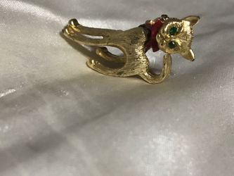 Gold-Tone Cat Brooch with Red Bow