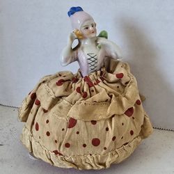 VTG COMPLETE half doll / pincushion doll. Blonde lady in Lilac dress/bonnet