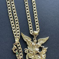 Saint Micheal Charm With Curb Cuban Diamond Cut Chain 