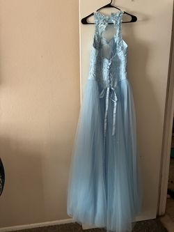 Light Blue Lace Corset Tulle Prom Gown