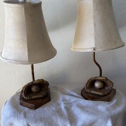 Beautiful Baseball Glove Table Lamps (Pair) – Wood Base – Sports Decor – Working – Rare Set
