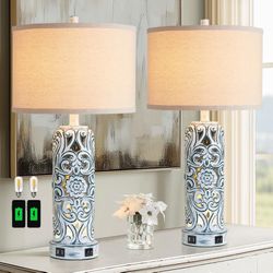 RORIANO 25'' Vintage Coastal Table Lamp Bedside Lamps Set of 2, Farmhouse Table Lamps with Dual USB Ports for Bedroom, Wash Blue Hollow Out Resin Lamp