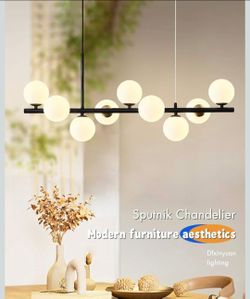 9-Light Black Linear Sputnik Chandelier Mid Century Modern Globe Chandelier for Dining Room Over Table Milk White Glass Bubble Pendant Light Fixture f