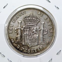 1877 Spain Empire 5 Pesetas Silver Coin 