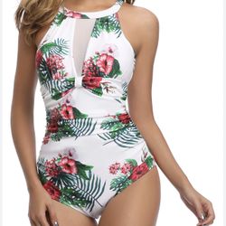 Tropical Floral Halter One Piece Swimsuit - New - Size S