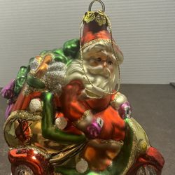 Santa on Scooter Glass Christmas Ornament Gifts Tree Glitter 4.5”