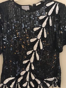 Vintage Black Sequin top with white sequin accent - dry clean only - chest 36” - gently used