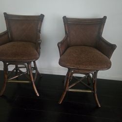 Set Of 2 Dark Brown And Bamboo Swivel Chairs/bar Stools