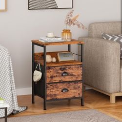 Furologee Nightstand with 2 Fabric Drawers, End Table with Open Wood Shelf, Industrial Bedside Table, Easy Assembly and Pull