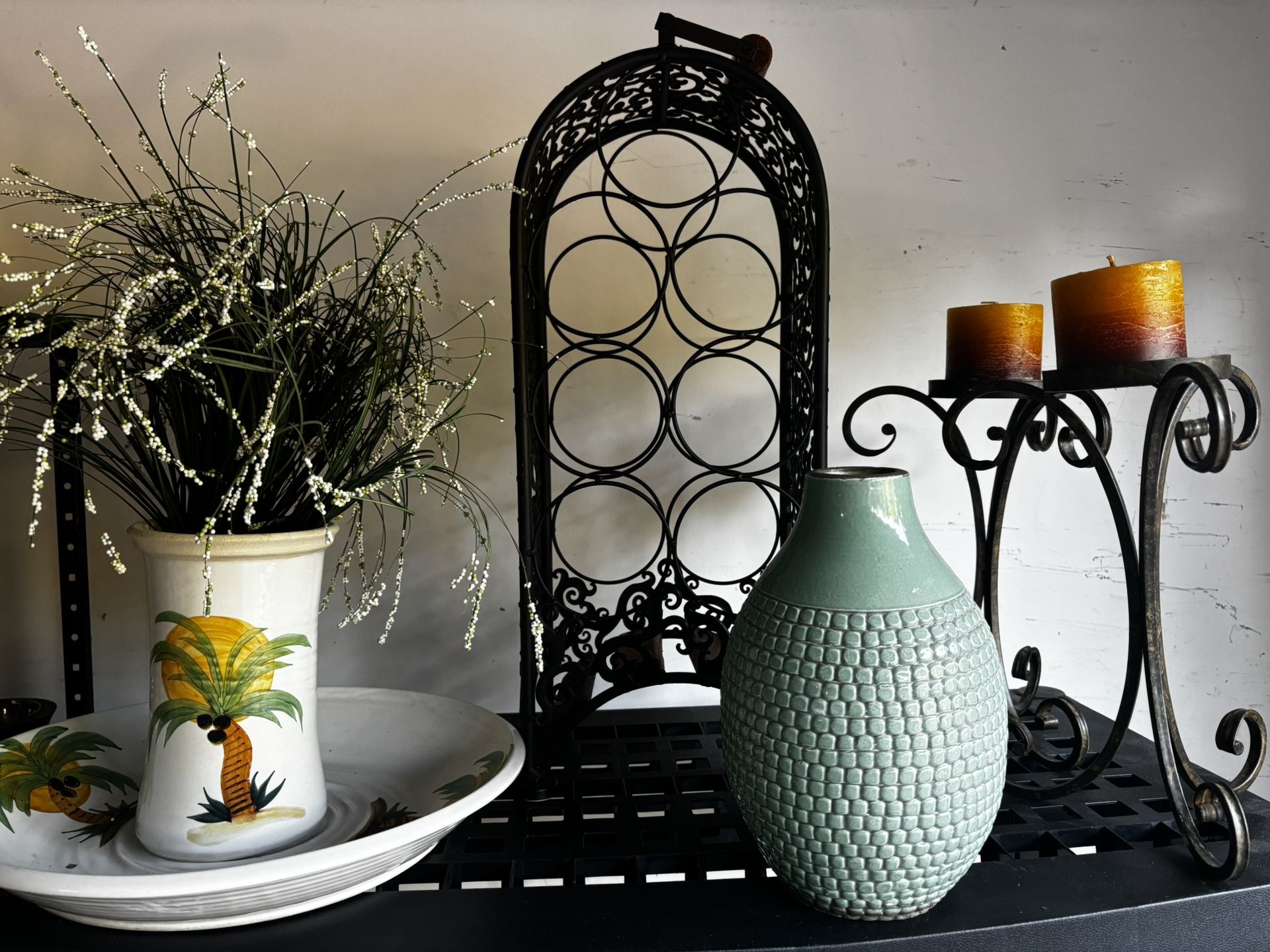 Home Decor: Wine Rack, Candle Holders, Serving Plate With Vase