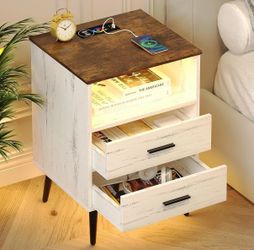 LED Nightstand with Wireless Charging Station and Auto Lights, Smart Wooden Bedside Table