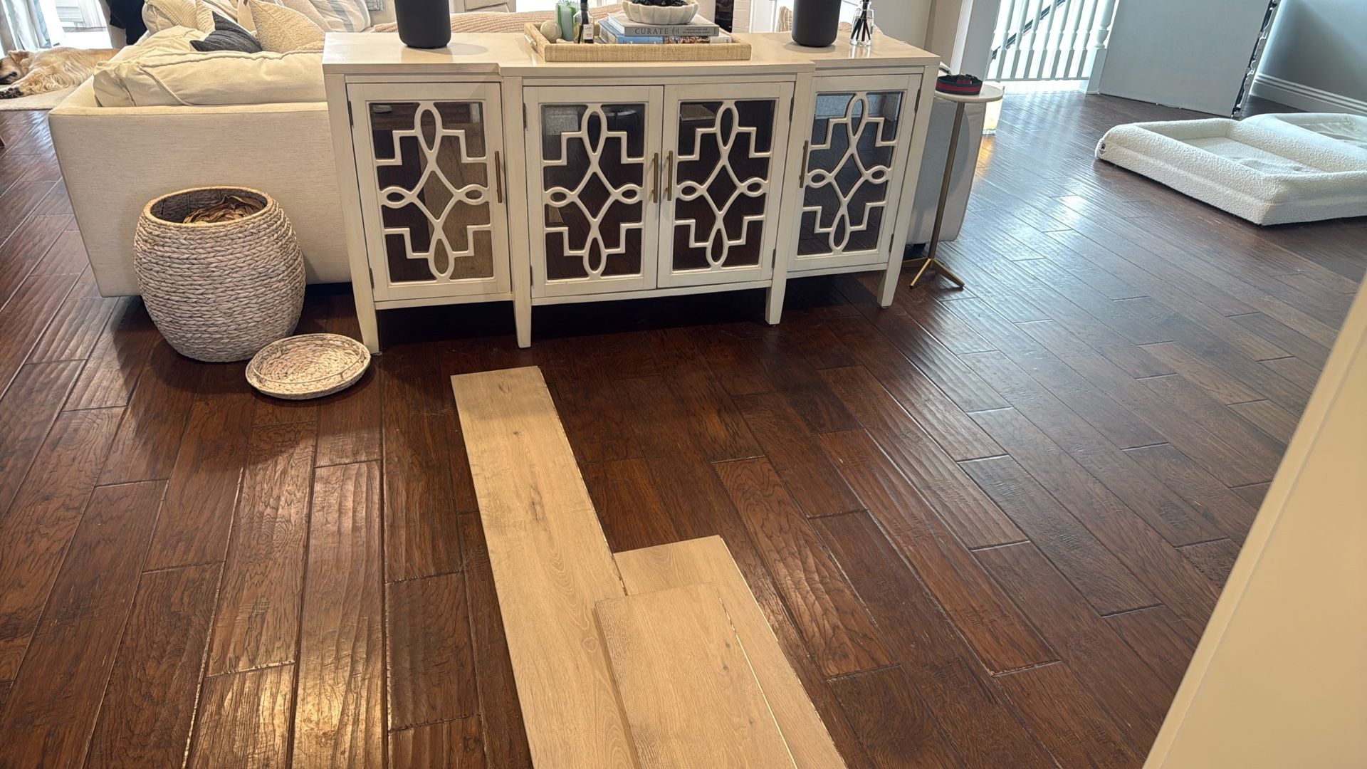 White Buffet Cabinet with Geometric Mirrored Doors