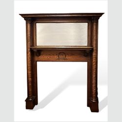 Antique Victorian Tiger Oak Fireplace Mantel, Late 19th Century Quarter-Sawn + Beveled Mirror