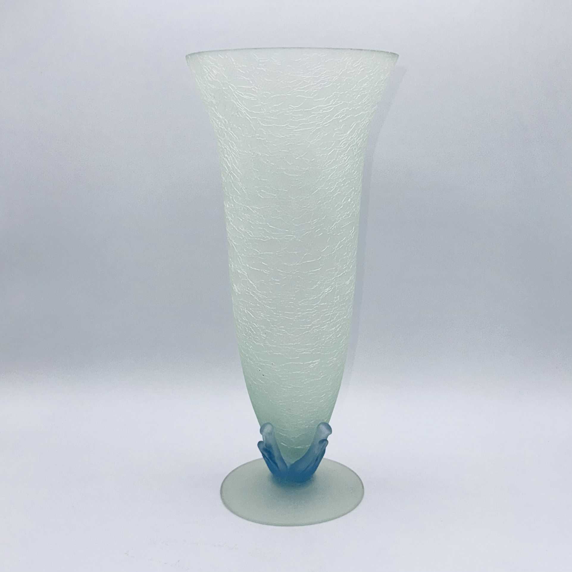 Vintage Sea Foam Blue-Green Satin Gradient Crackle Glass Footed Vase
