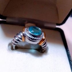 Aquamarine 💯925 Italian Silver Ring 💍 14 Kt Gold.Size 7🆕