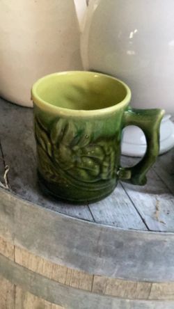 Vintage Green Daisy Glazed Coffee Cup
