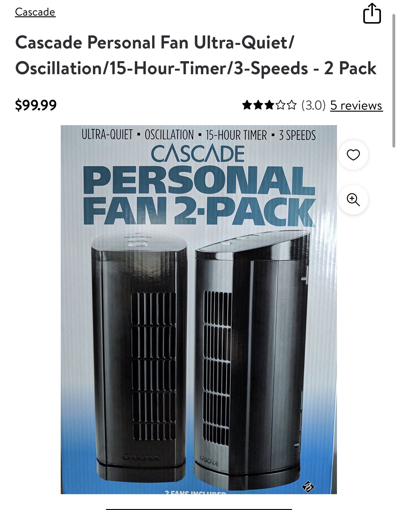 Cascade Personal Fan Ultra-Quiet/ Oscillation/15-Hour-Timer/3-Speeds - 2 Pack