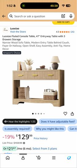Luoxiao Fluted Console Table, 47" Entryway Table with 3 Drawers Storage