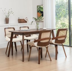Set of 4 Faux Leather Dining Chairs - Cane Dining Chairs with Bentwood Frame with Ergonomic Cane Back, Curved Arms, Rattan Kitchen Chairs for Kitchen/