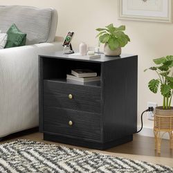 2150b  Black Nightstand with Charging Station, Large Bedside Table with 2 Storage Drawer and Open Wood Shelf, Night Stand for Bedroom, Side Table, End