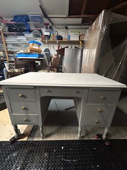 Vintage Gray Writing Desk / Vanity – Gold Hardware – Delivery Included