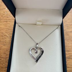 Heart Necklace Black and White Diamonds Sterling Silver 