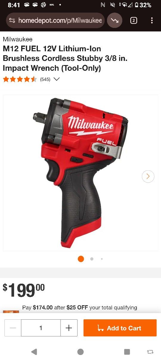 Milwaukee
M12 FUEL 12V Lithium-Ion Brushless Cordless Stubby 3/8 in. Impact Wrench (Tool-Only)