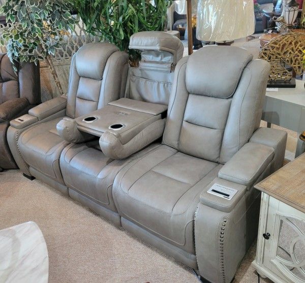 Genuine Leather Grey Power Reclining Sofa