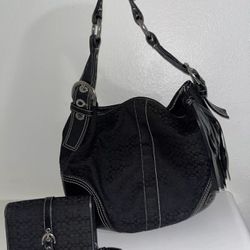 Coach Black Classic Hobo Canvas Leather Shoulder Bag Crescent K052-2158 + WALLET