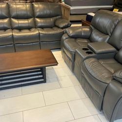 Fourth of July sale. Madrid, gray leather reclining sofa and loveseat set now $1199. Easy finance option. Same day delivery.