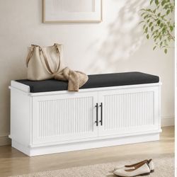 Shoe Storage Bench White Entryway Bench Cabinet w/Cushion 2 Doors