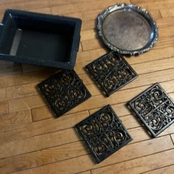 Four Cast Iron Trivets For Hot Pots, Or Plates (NO SHIPPING) A Nice Rounded Antique Tray, And Oven Rectangle Pot